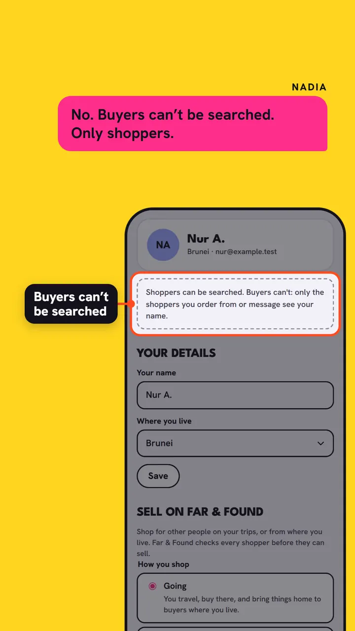 A frame from the explainer: Nadia says buyers can't be searched, only shoppers
